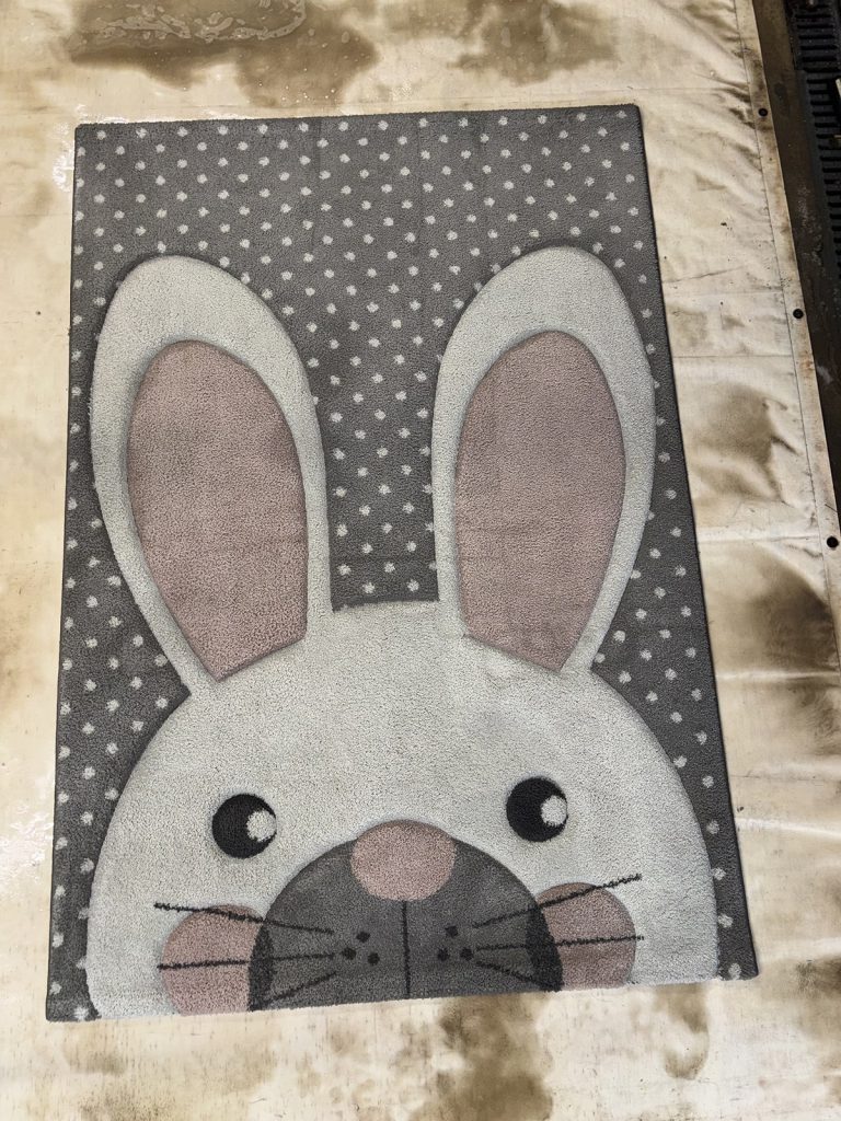 Dywan dziecięcy po praniu przygotowany do dalszego czyszczenia w pralni Dywanik