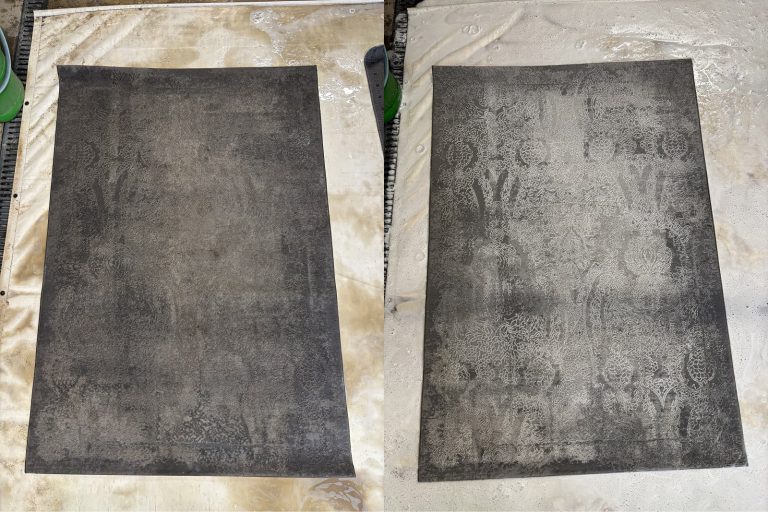 Ciemny dywan przed i po praniu – efekt czyszczenia w Automatycznej Pralni Dywanik